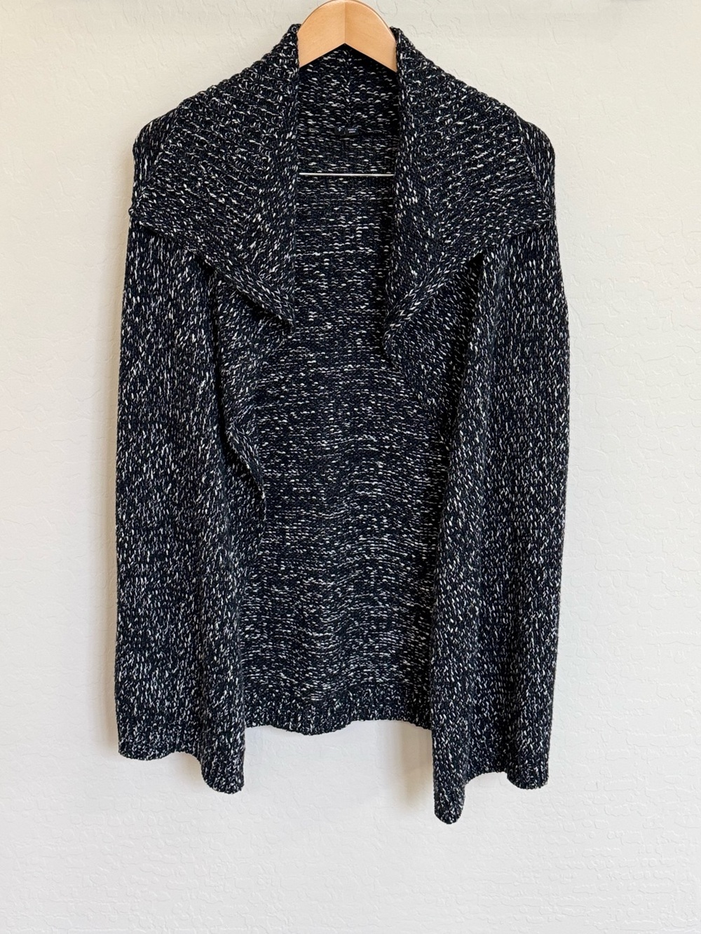 Theory Black White Marled Knit Open Front Shawl Collar Cardigan Sweater S/P Wool